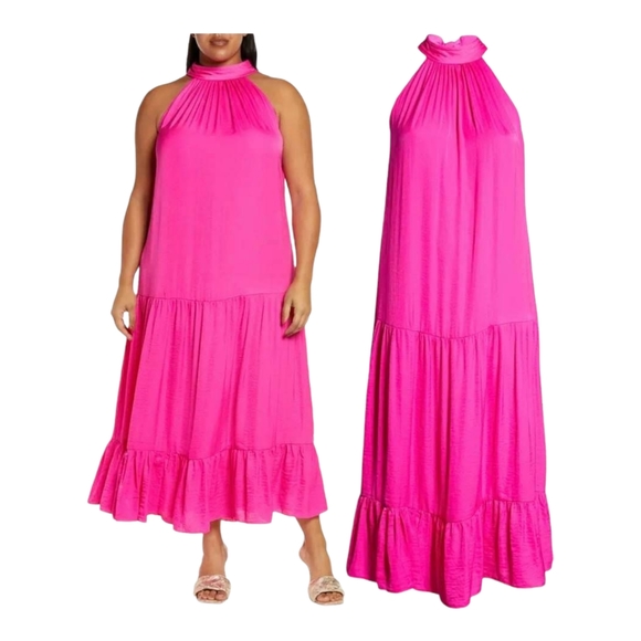 Vince Camuto Tiered Rumple Satin Maxi Dress Plus Size(1X) Halter Neck Sleeveless - Picture 6 of 11